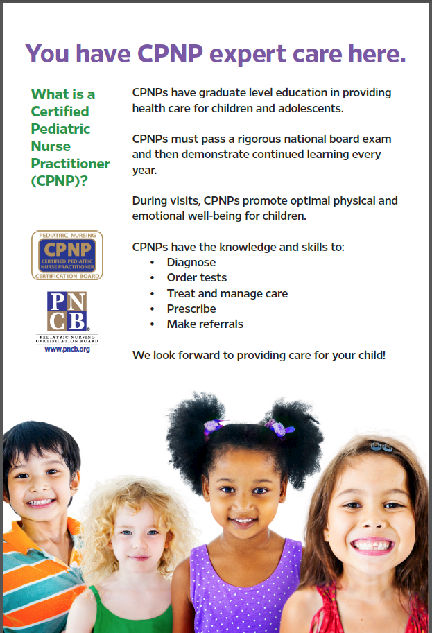 Poster describing healthcare provided by Certified Pediatric Nurse Practitioners