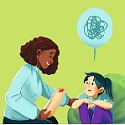 African-American Nurse Practitioner with sad Caucasian child
